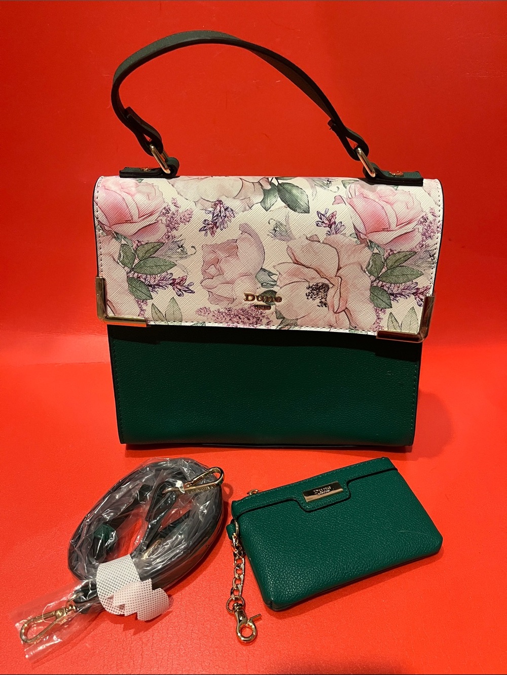 Dune London Green Bag with Pink Floral Flap and Matching Pouch